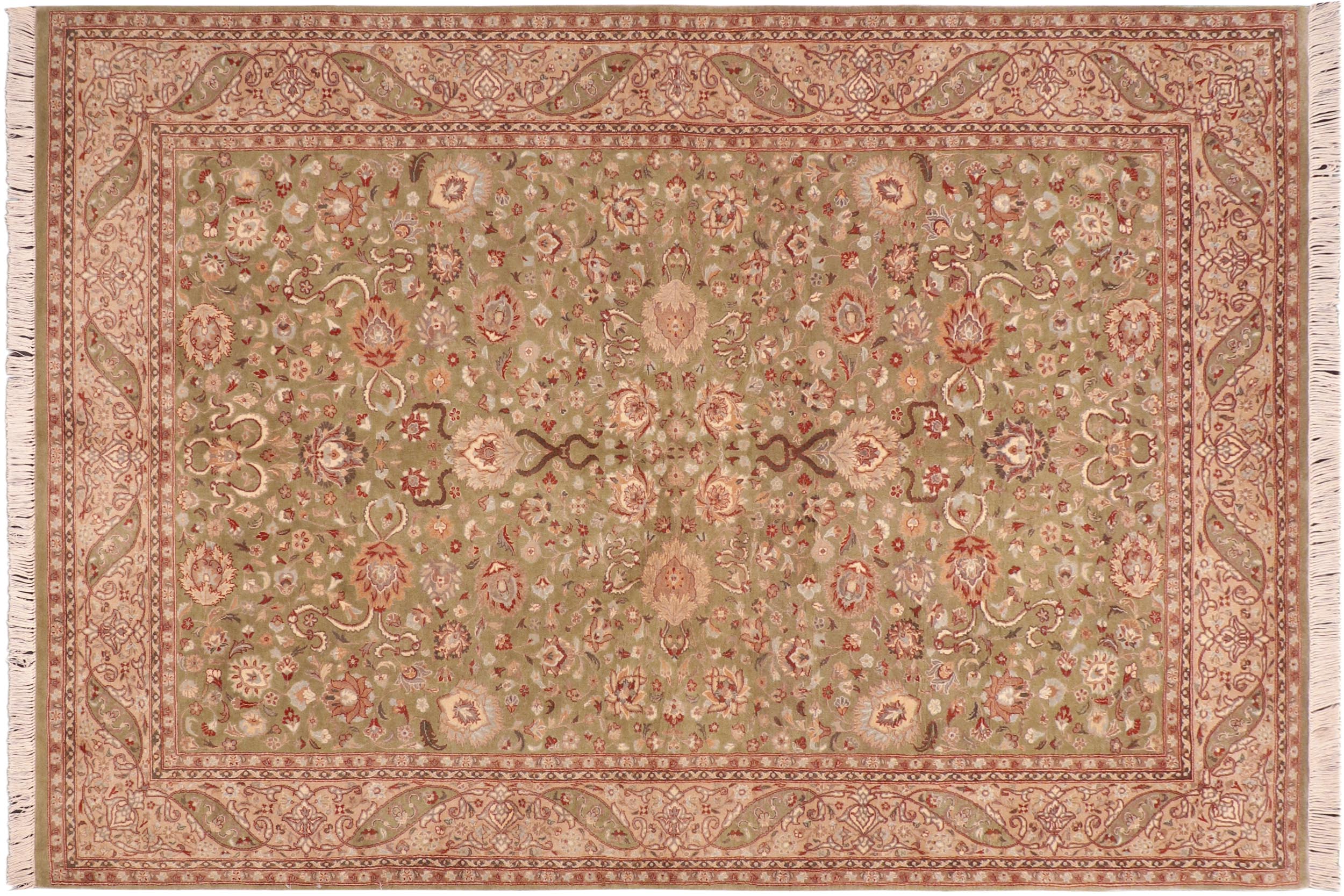 handmade Traditional Kashan Green Beige Hand Knotted RECTANGLE 100% WOOL area rug 6x9