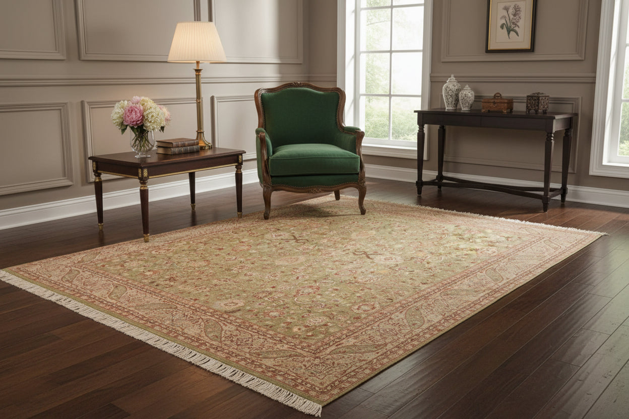 handmade Traditional Kashan Green Beige Hand Knotted RECTANGLE 100% WOOL area rug 6x9