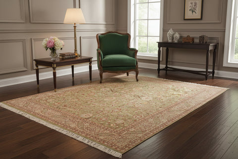 handmade Traditional Kashan Green Beige Hand Knotted RECTANGLE 100% WOOL area rug 6x9