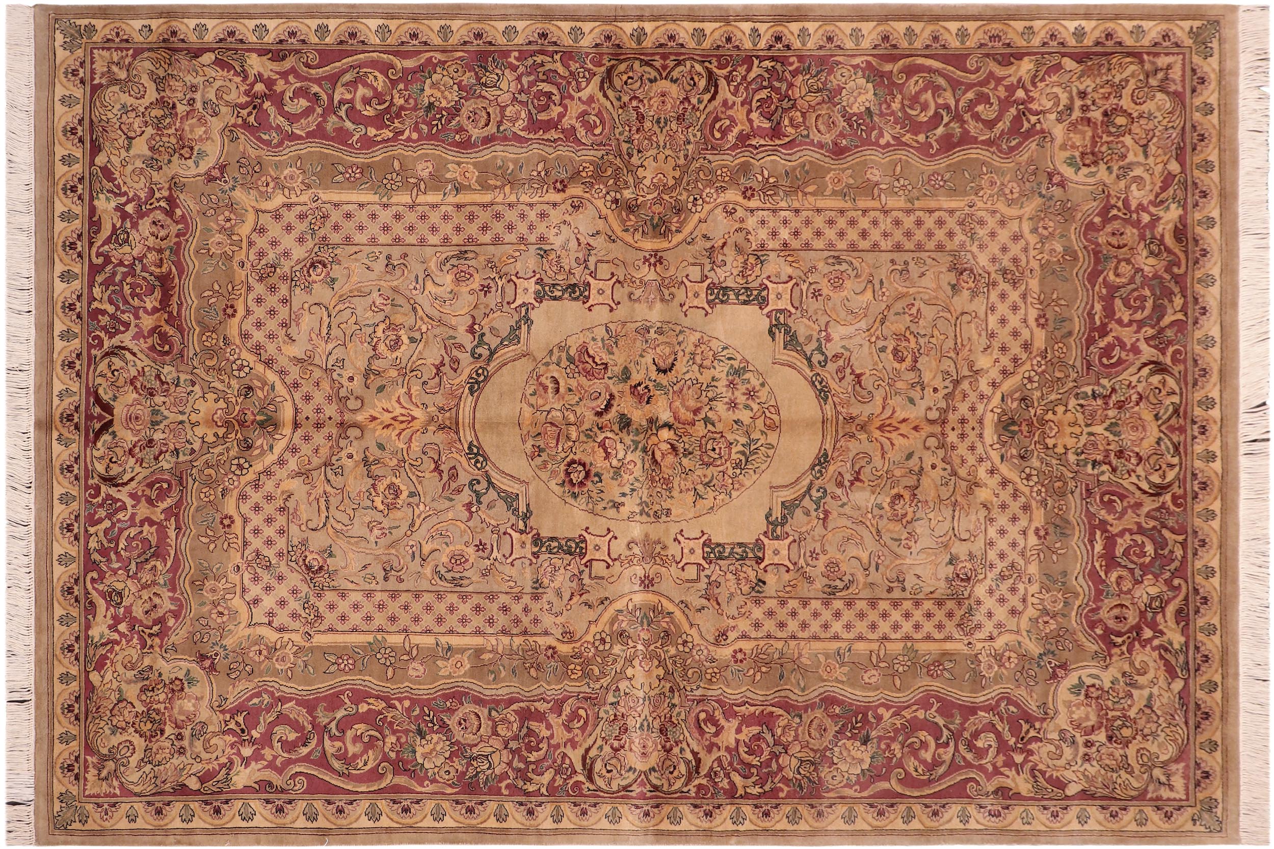 handmade Traditional Abusson Taupe Pink Hand Knotted RECTANGLE 100% WOOL area rug 6x9