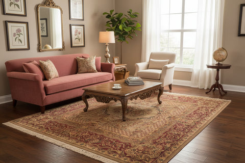 handmade Traditional Abusson Taupe Pink Hand Knotted RECTANGLE 100% WOOL area rug 6x9