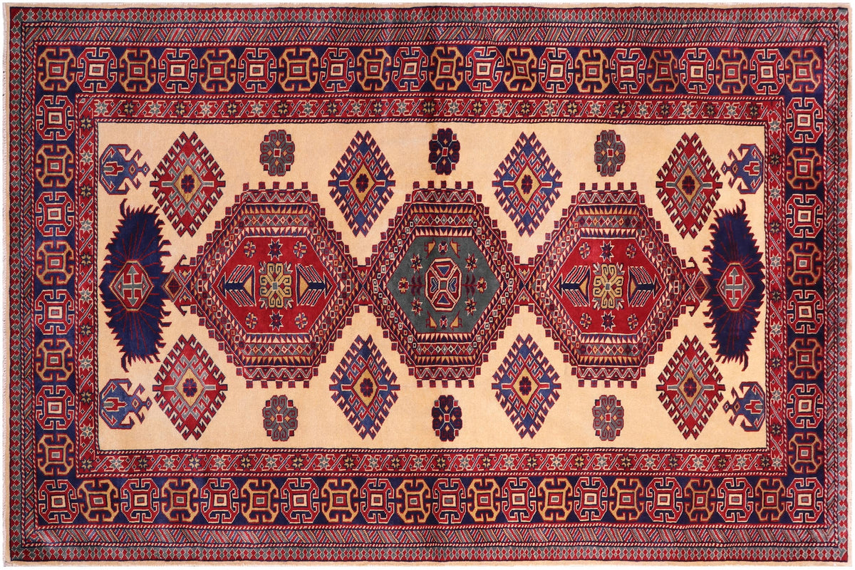 4x6 hand knotted Shirwan wool rug in gold and blue - Rustic Shirwan Veronika