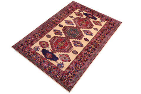 handmade Geometric Sherwan Gold Blue Hand Knotted RECTANGLE 100% WOOL area rug 5x6