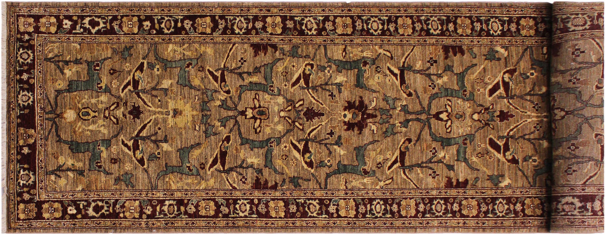 handmade Transitional Kafkaz Dark Tan Drk. Red Hand Knotted RUNNER 100% WOOL area rug 4' x 13'