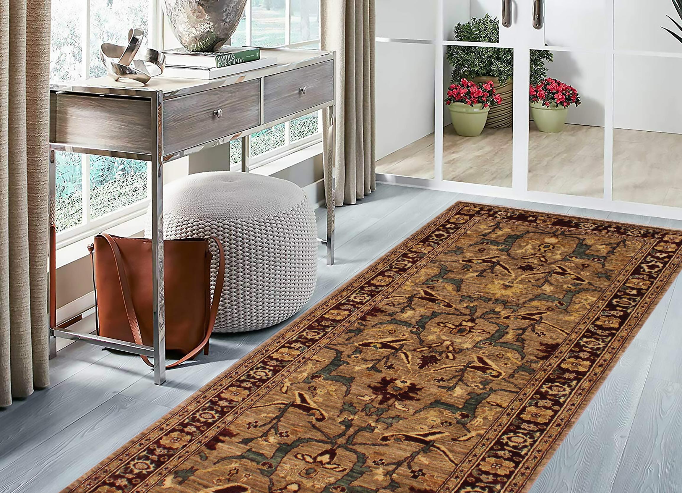 handmade Transitional Kafkaz Dark Tan Drk. Red Hand Knotted RUNNER 100% WOOL area rug 4' x 13'