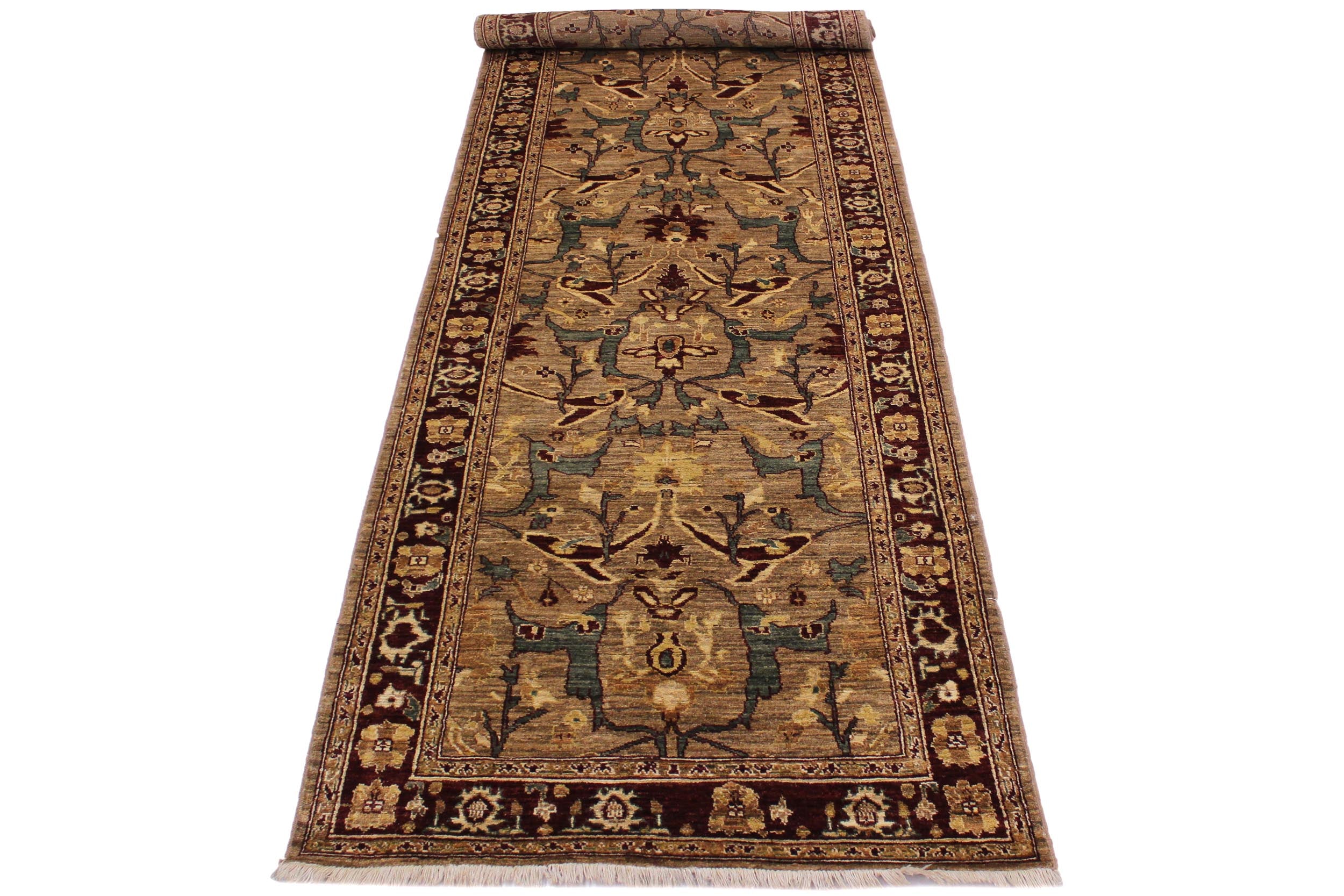 handmade Transitional Kafkaz Dark Tan Drk. Red Hand Knotted RUNNER 100% WOOL area rug 4' x 13'