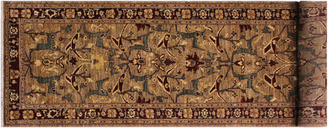 handmade Transitional Kafkaz Dark Tan Drk. Red Hand Knotted RUNNER 100% WOOL area rug 4' x 13'