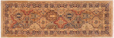 handmade Transitional Veg Dye Gold Blue Hand Knotted RUNNER 100% WOOL area rug 3' x 10'