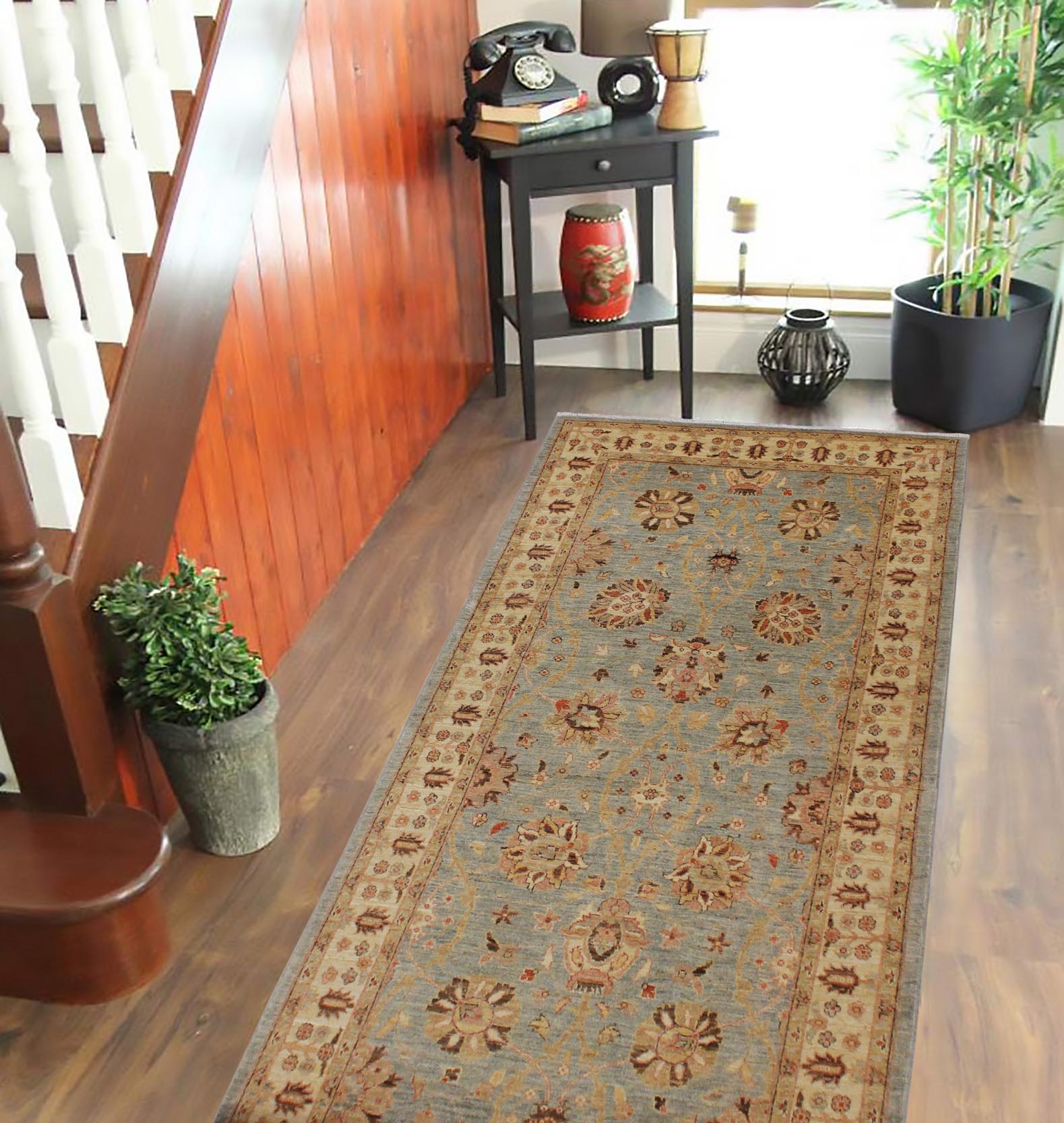 handmade Transitional Kafkaz Lt. Blue Lt. Gold Hand Knotted RUNNER 100% WOOL area rug 4' x 11'