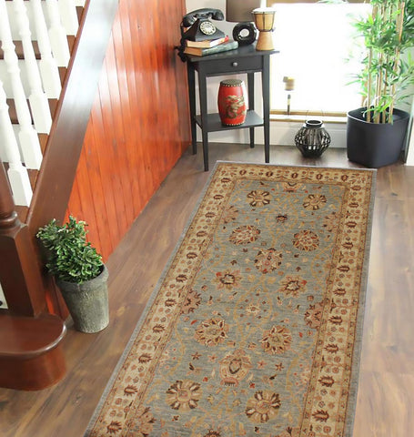 handmade Transitional Kafkaz Lt. Blue Lt. Gold Hand Knotted RUNNER 100% WOOL area rug 4' x 11'