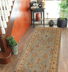 handmade Transitional Kafkaz Lt. Blue Lt. Gold Hand Knotted RUNNER 100% WOOL area rug 4' x 11'