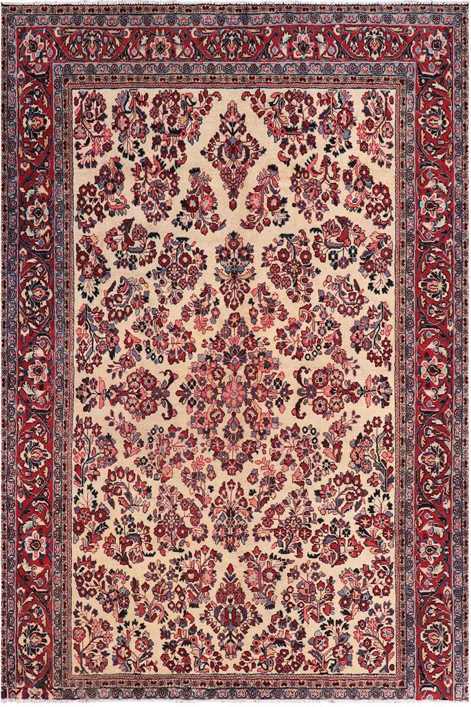 handmade Traditional Antique Beige Red Hand Knotted RECTANGLE 100% Wool Pile area rug 6x9