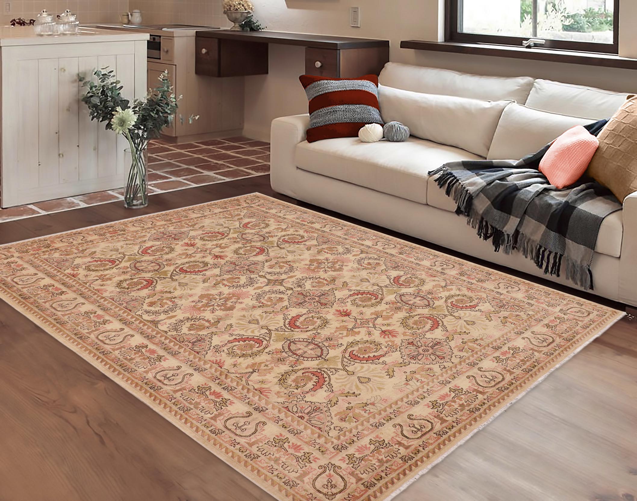 handmade Transitional Kafkaz Beige Pink Hand Knotted RECTANGLE 100% WOOL area rug 9' x 13'