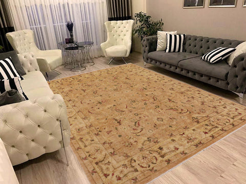 handmade Traditional Kafkaz Tan Lt. Gold Hand Knotted RECTANGLE 100% WOOL area rug 9x12