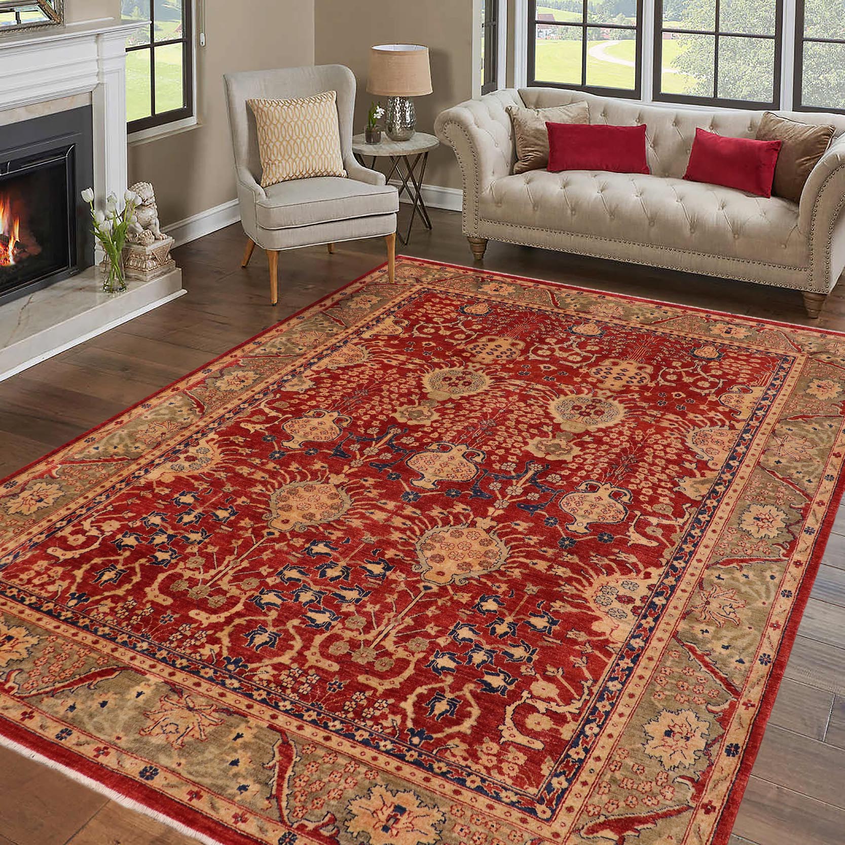handmade Transitional Kafkaz Red Olive Green Hand Knotted RECTANGLE 100% WOOL area rug 9' x 11'