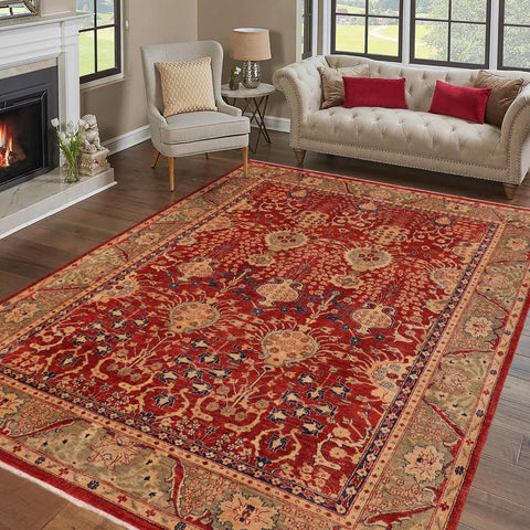 handmade Transitional Kafkaz Red Olive Green Hand Knotted RECTANGLE 100% WOOL area rug 9' x 11'