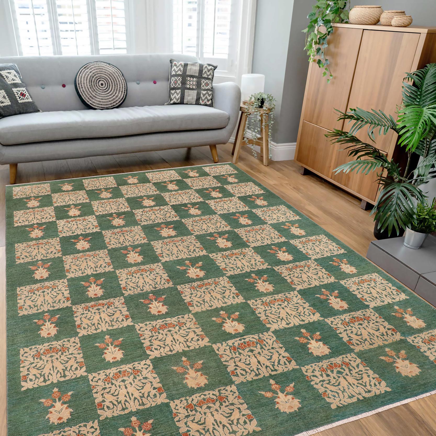 handmade Modern Kafkaz Green Lt. Tan Hand Knotted RECTANGLE 100% WOOL area rug 9' x 12'
