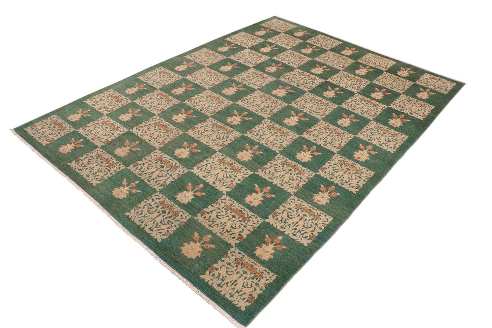 handmade Modern Kafkaz Green Lt. Tan Hand Knotted RECTANGLE 100% WOOL area rug 9' x 12'