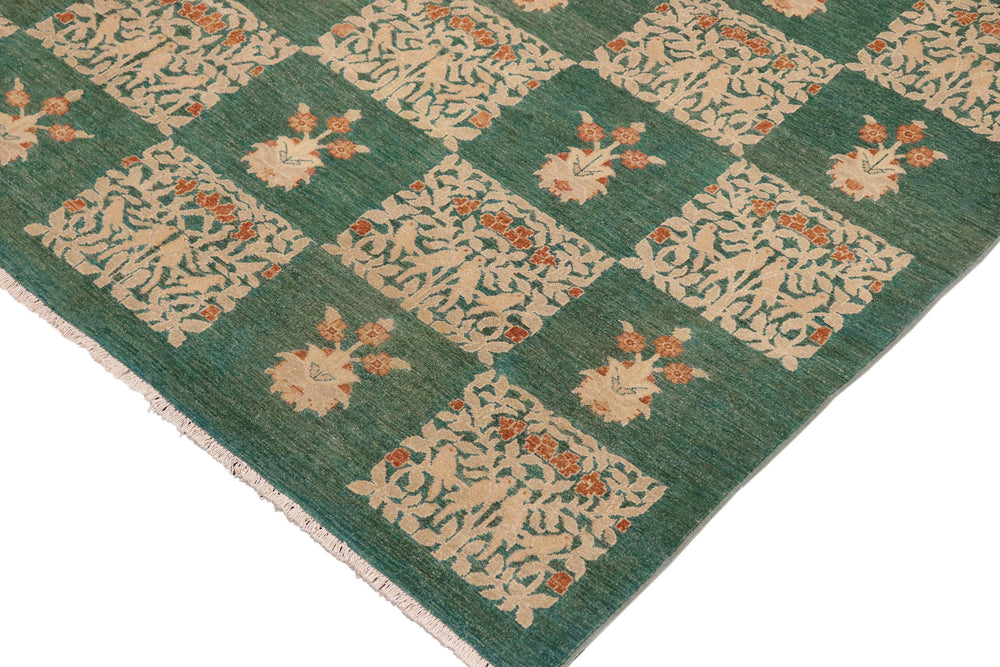 handmade Modern Kafkaz Green Lt. Tan Hand Knotted RECTANGLE 100% WOOL area rug 9' x 12'