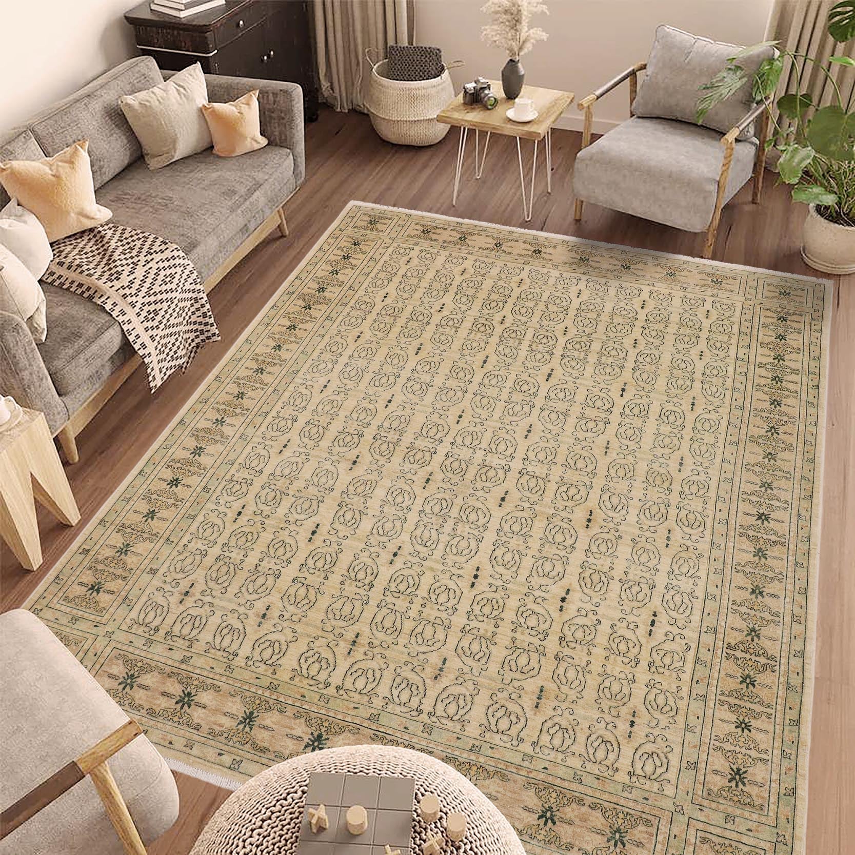 handmade Transitional Kafkaz Beige Brown Hand Knotted RECTANGLE 100% WOOL area rug 9' x 12'
