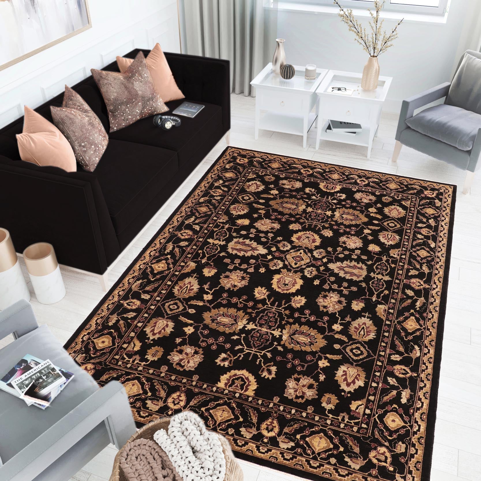 handmade Traditional Kafkaz Black Aubergine Hand Knotted RECTANGLE 100% WOOL area rug 8x11