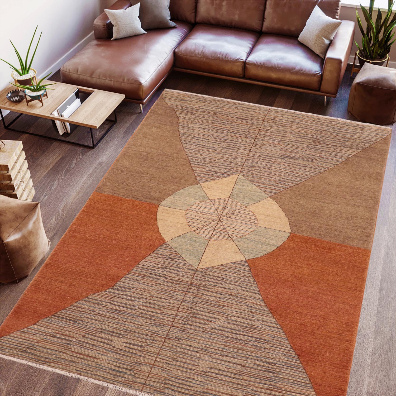 handmade Modern Gabbeh Orange Brown Hand Knotted RECTANGLE 100% WOOL area rug 6' x 9'