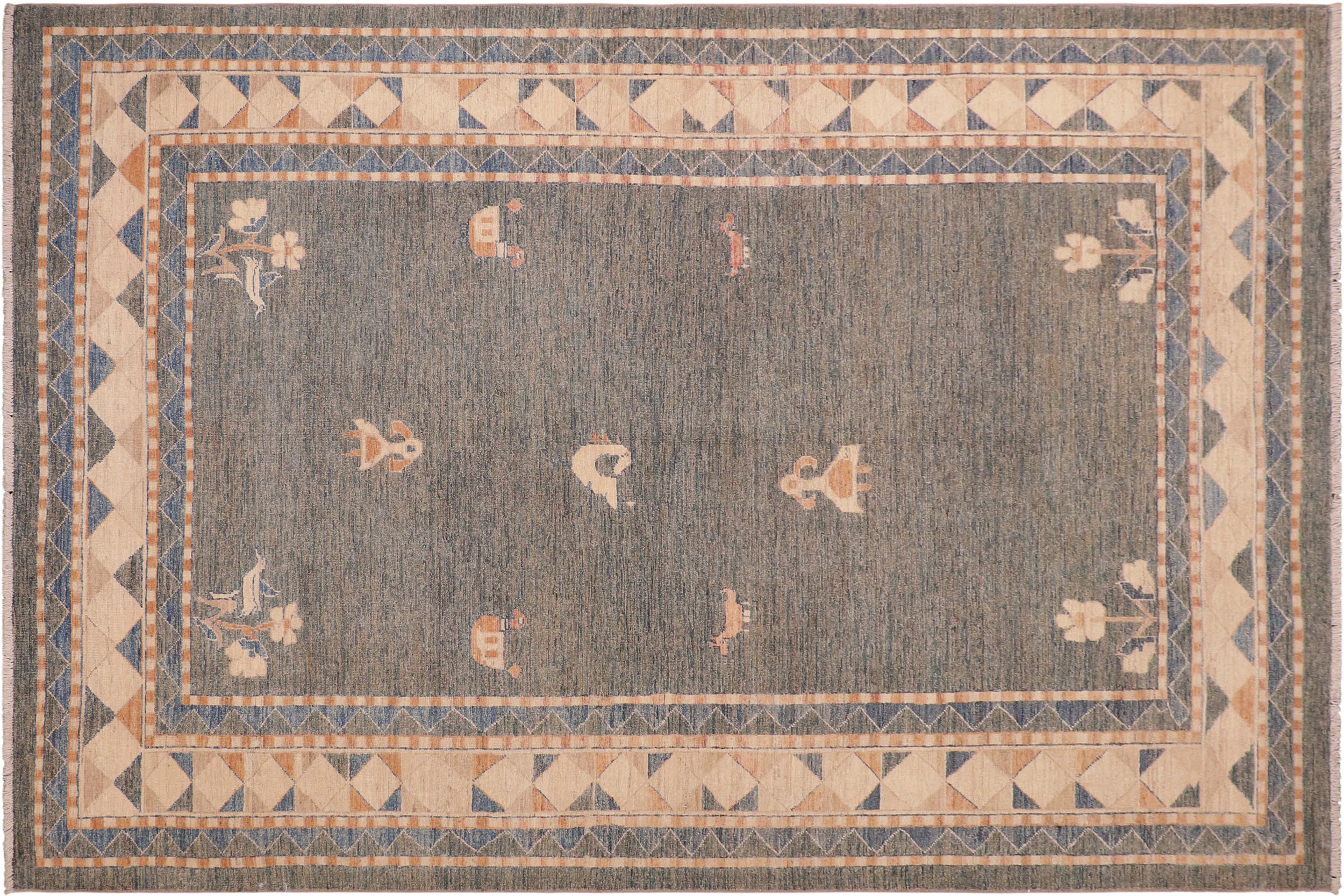 handmade Modern Gabbeh Blue Orange Hand Knotted RECTANGLE 100% WOOL area rug 6' x 9'