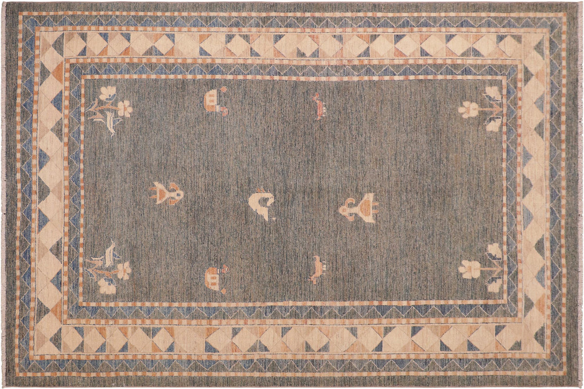 Modern Gabbeh Layla Blue/Orange Wool Rug - 6'0'' x 8'10''