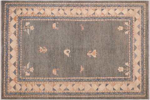 Modern Gabbeh Layla Blue/Orange Wool Rug - 6'0'' x 8'10''