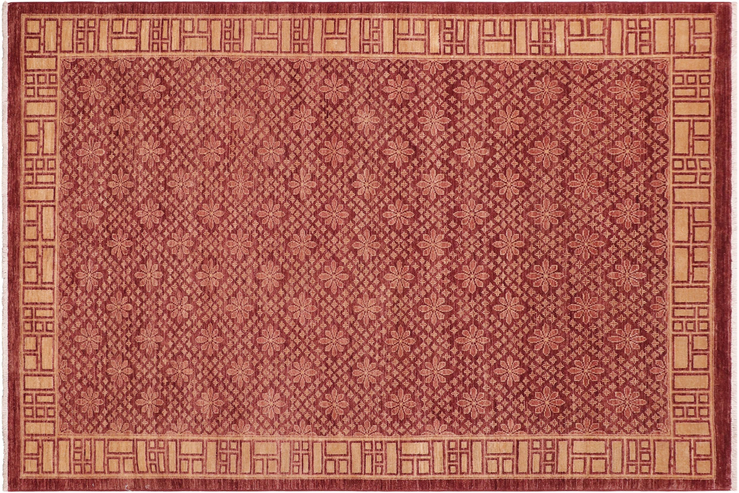 handmade Modern Kafkaz Red Tan Hand Knotted RECTANGLE 100% WOOL area rug 6' x 8'