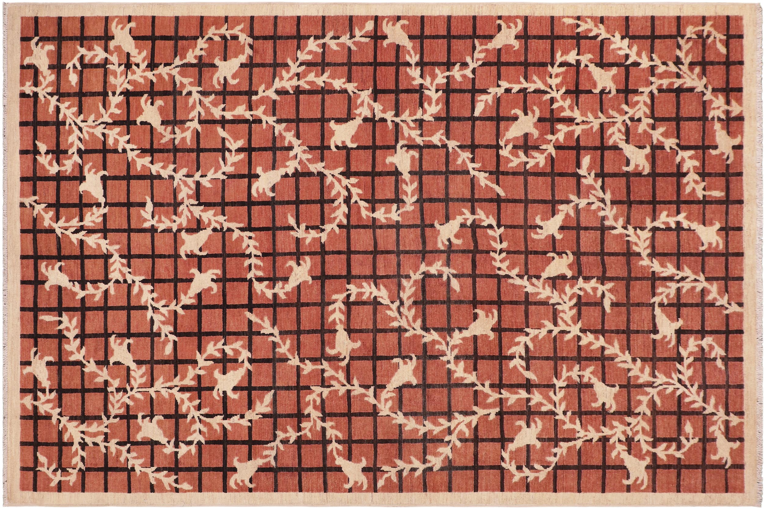 handmade Modern Kafkaz Orange Tan Hand Knotted RECTANGLE 100% WOOL area rug 6' x 9'