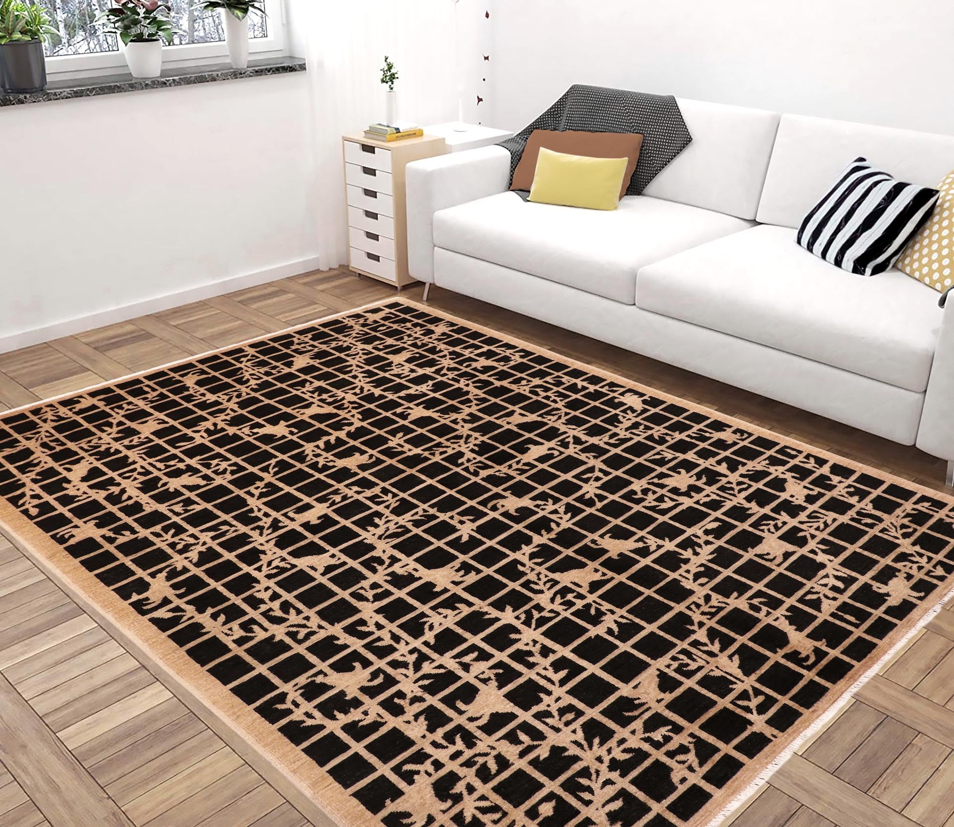 handmade Modern Kafkaz Black Tan Hand Knotted RECTANGLE 100% WOOL area rug 6' x 9'