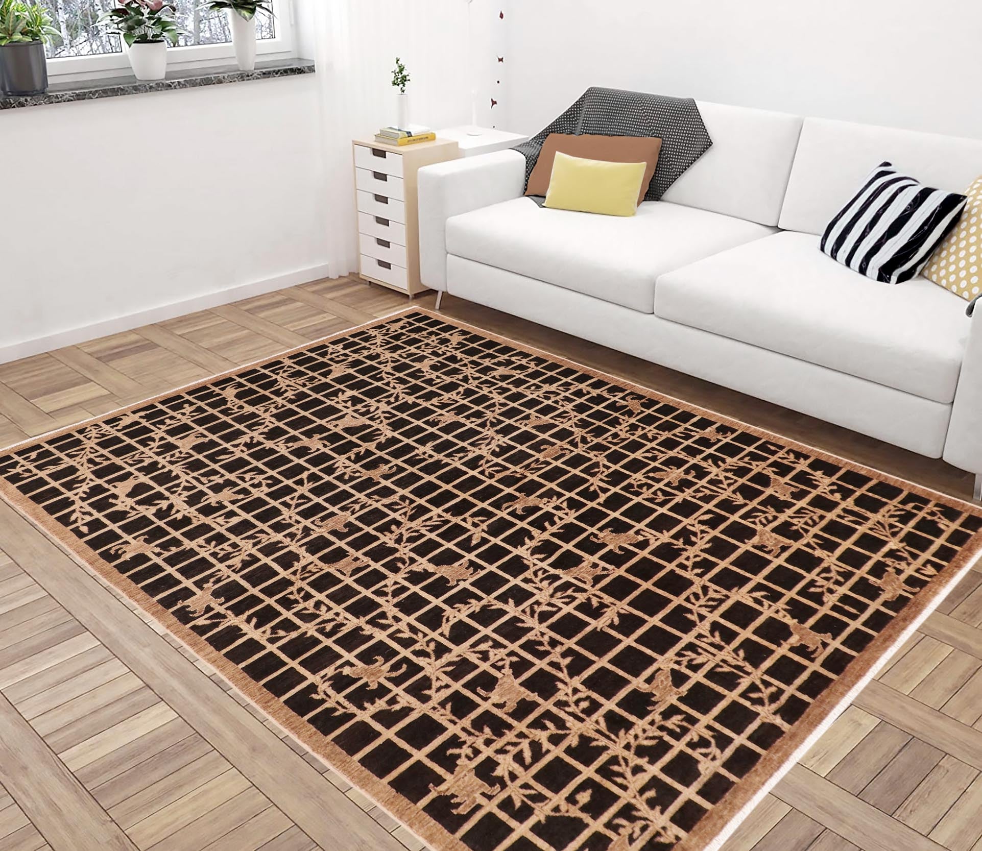 handmade Modern Kafkaz Black Tan Hand Knotted RECTANGLE 100% WOOL area rug 6' x 9'
