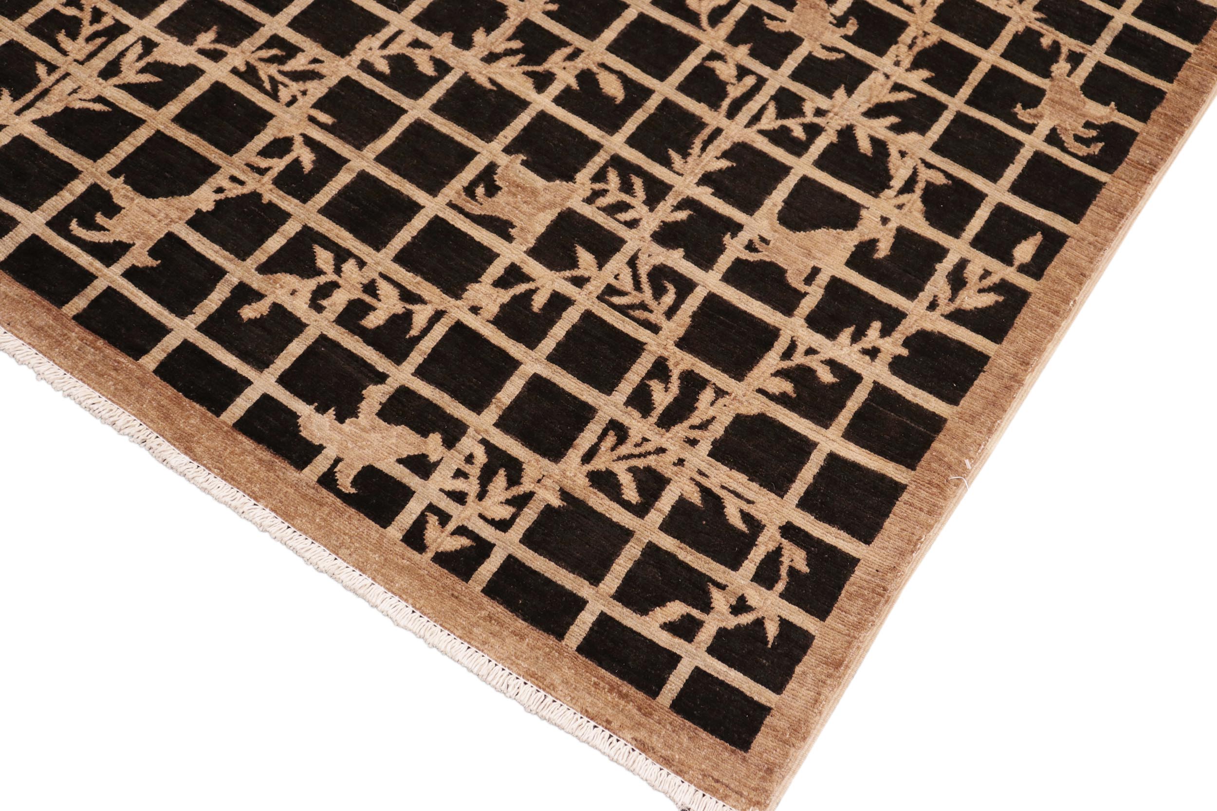 handmade Modern Kafkaz Black Tan Hand Knotted RECTANGLE 100% WOOL area rug 6' x 9'