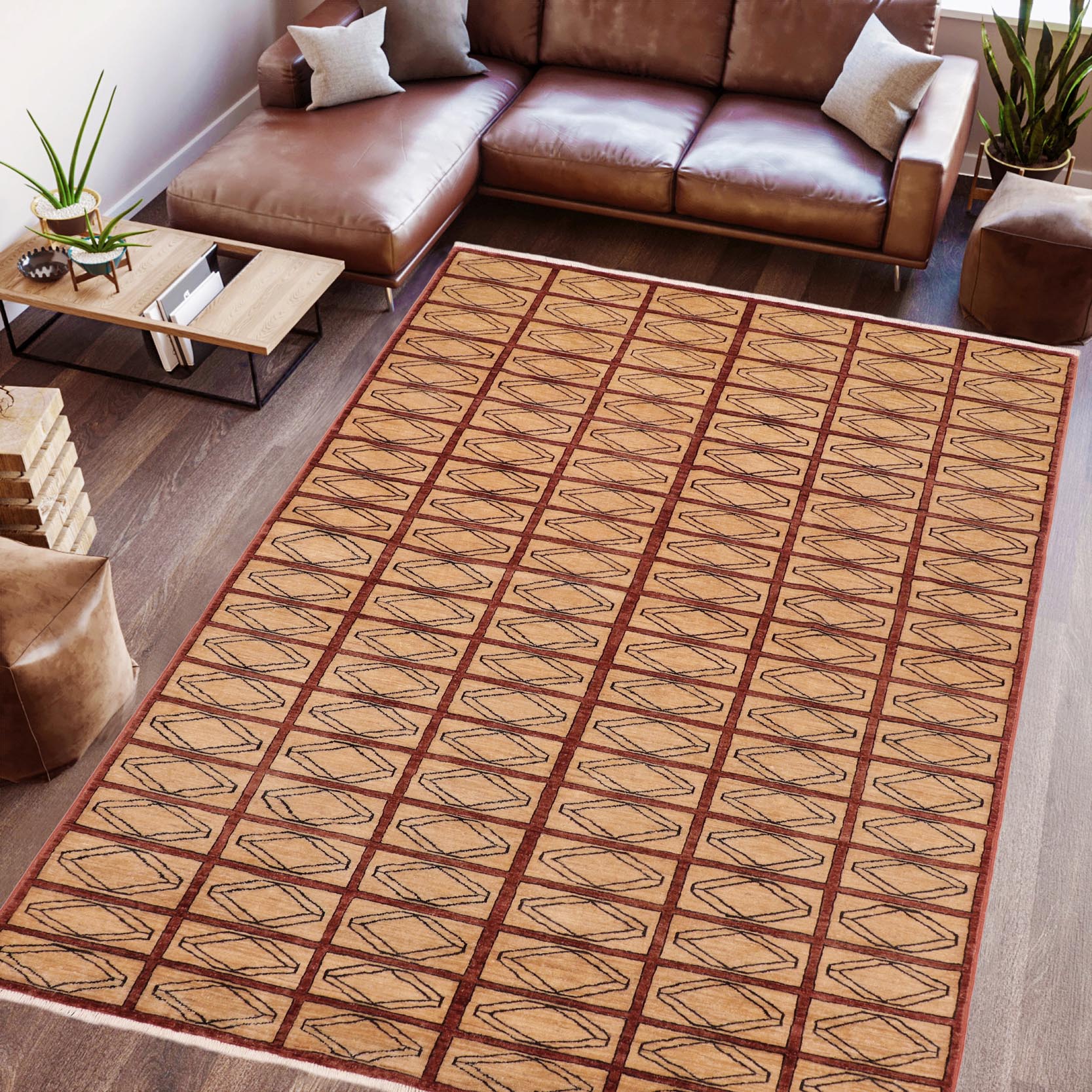 handmade Modern Gabbeh Beige Rust Hand Knotted RECTANGLE 100% WOOL area rug 6' x 9'