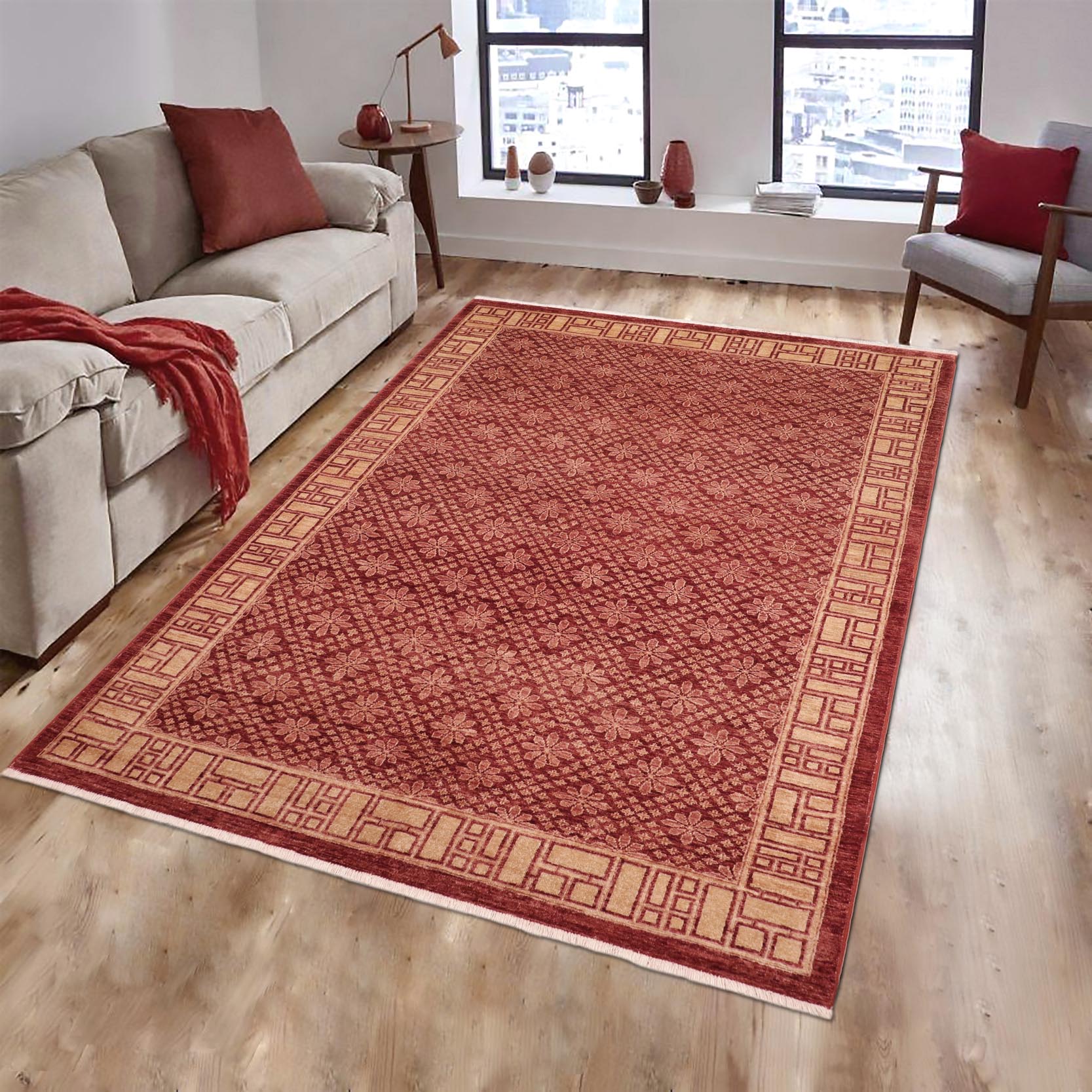 handmade Modern Kafkaz Red Tan Hand Knotted RECTANGLE 100% WOOL area rug 6' x 9'