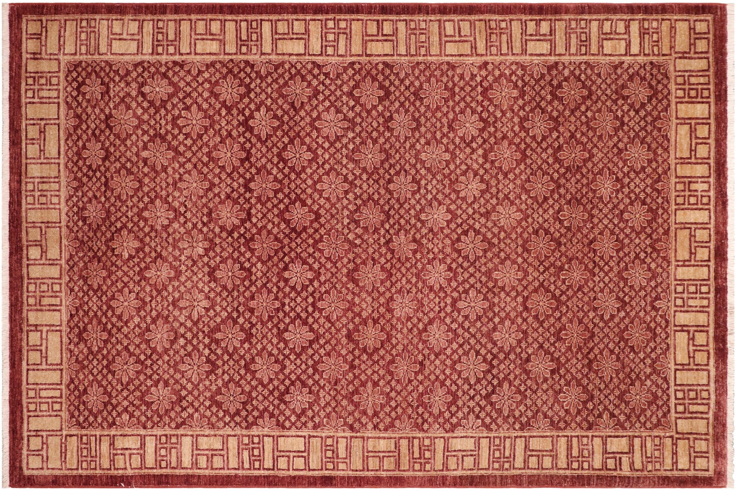 handmade Modern Kafkaz Red Tan Hand Knotted RECTANGLE 100% WOOL area rug 6' x 9'