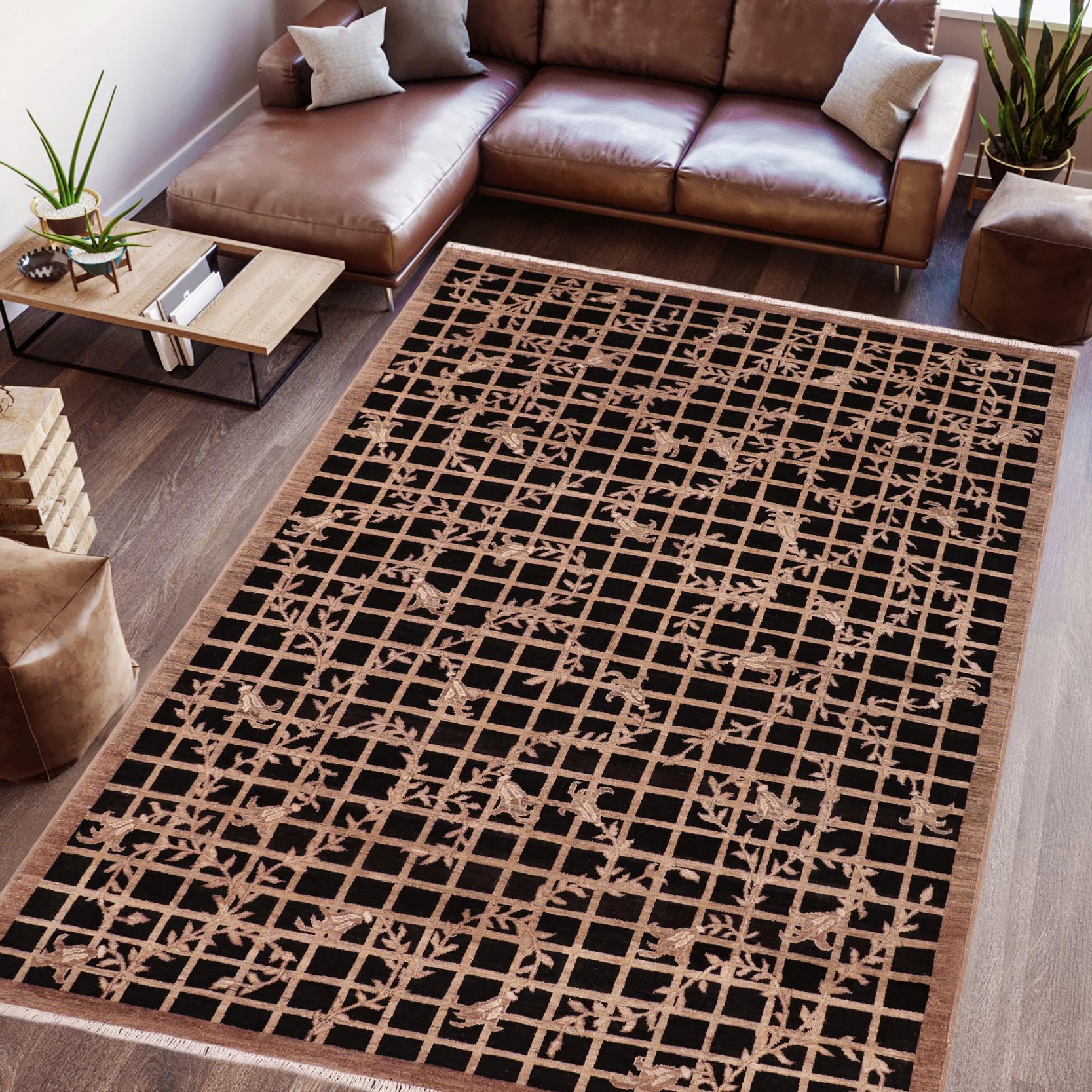 handmade Modern Kafkaz Black Brown Hand Knotted RECTANGLE 100% WOOL area rug 6' x 9'
