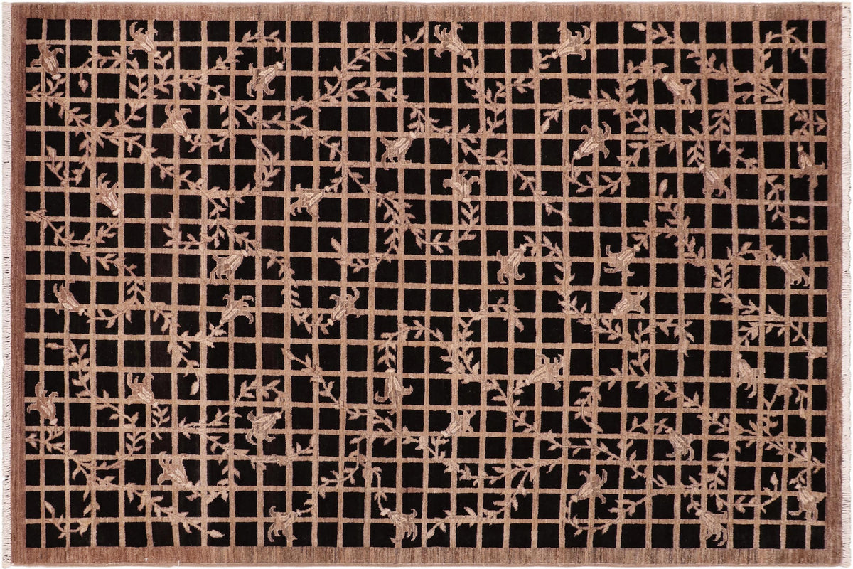 6x9 hand knotted modern wool rug in black and brown - Modern Mozella