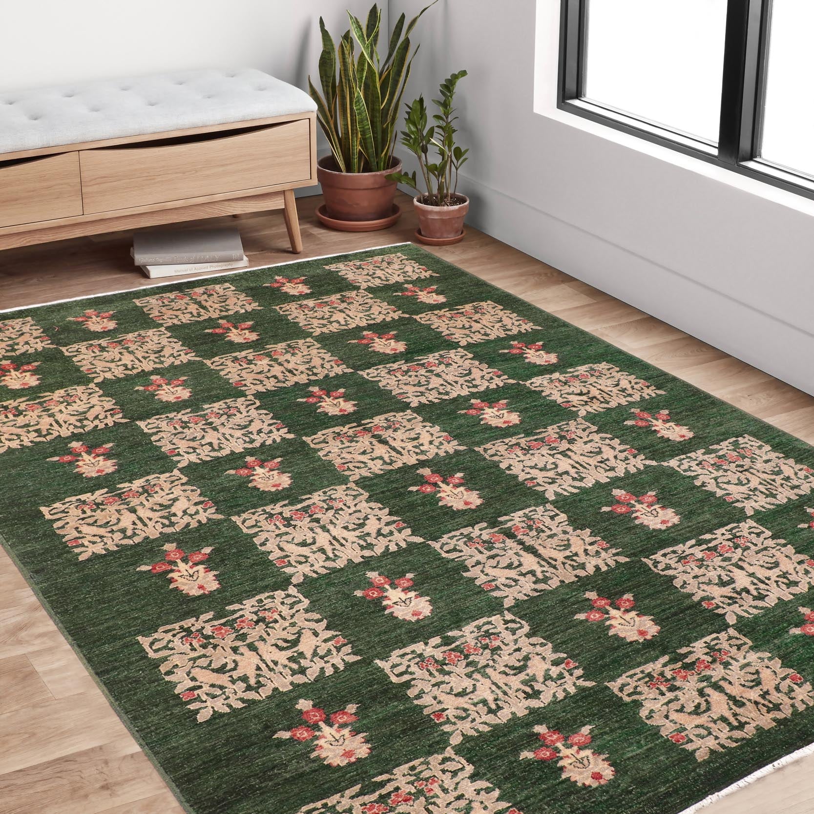 handmade Modern Kafkaz Green Tan Hand Knotted RECTANGLE 100% WOOL area rug 6' x 9'