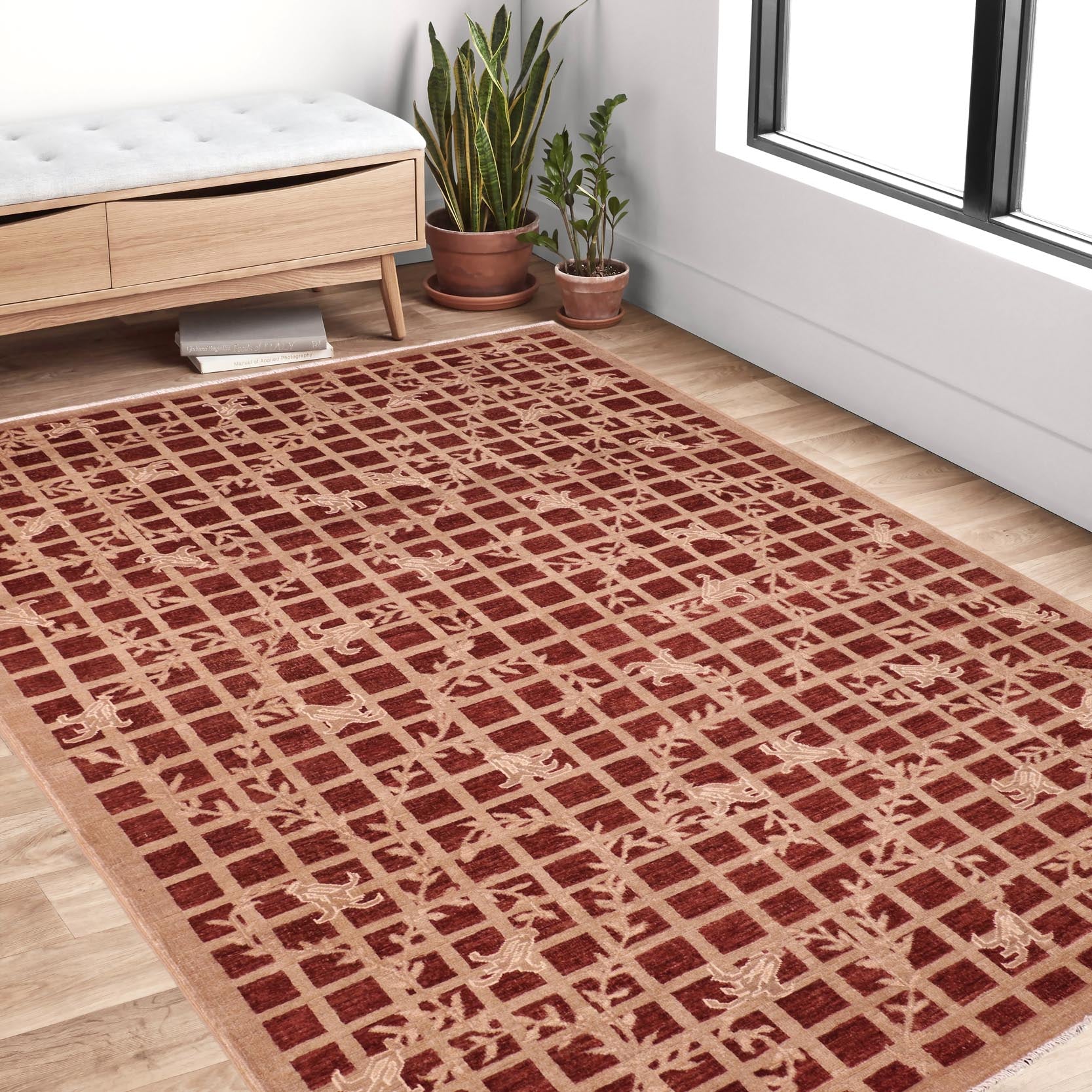 handmade Modern Kafkaz Red Tan Hand Knotted RECTANGLE 100% WOOL area rug 6' x 9'