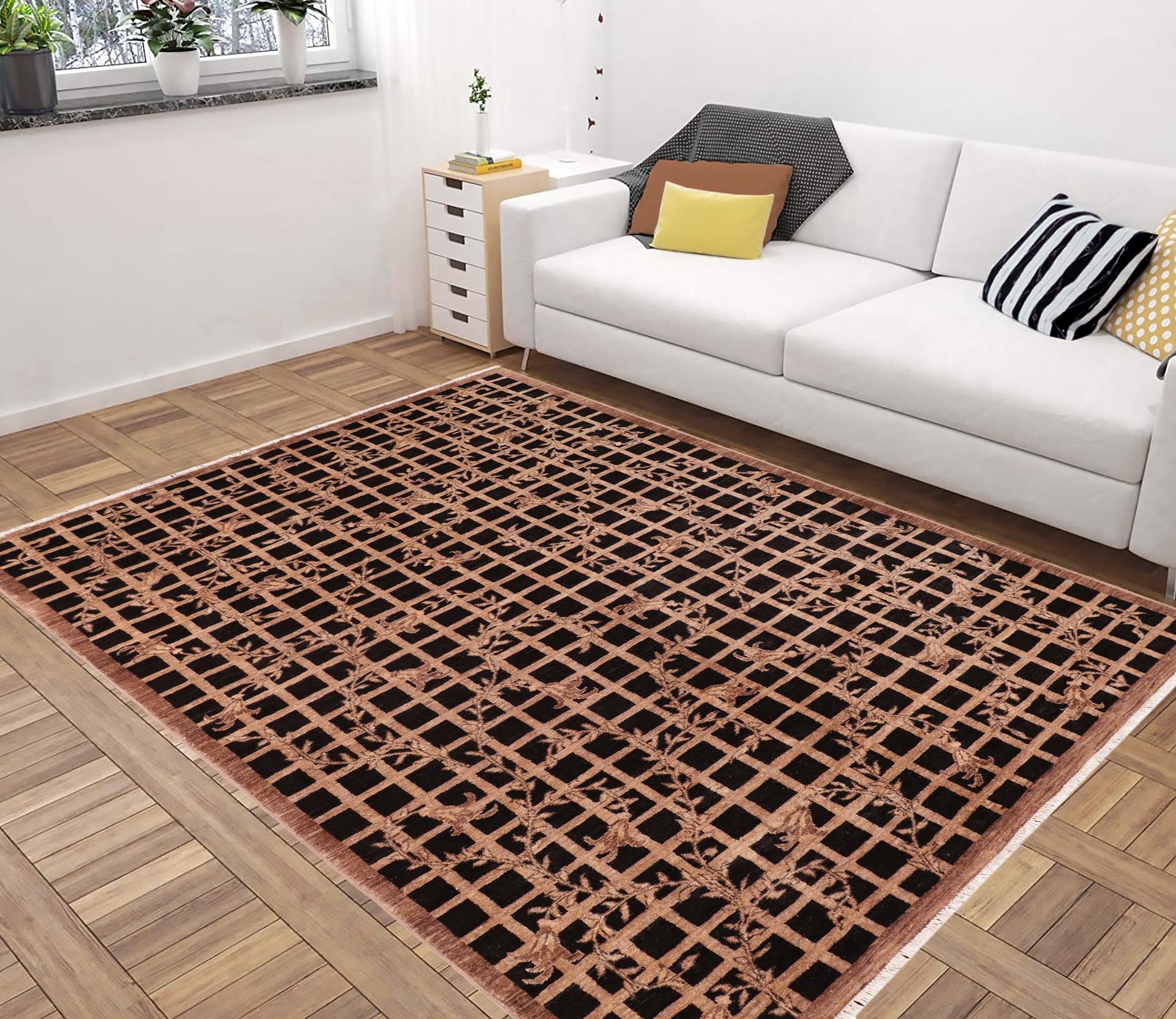 handmade Modern Kafkaz Black Brown Hand Knotted RECTANGLE 100% WOOL area rug 6' x 8'