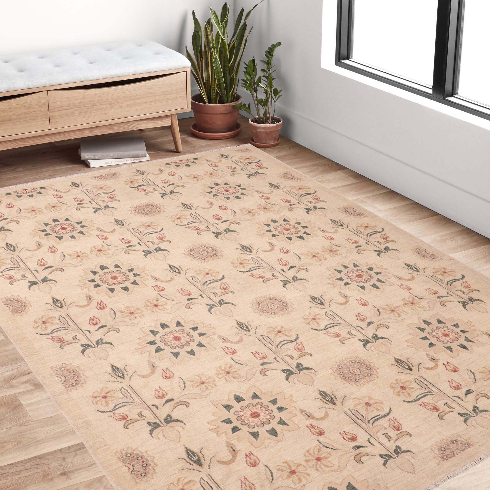 handmade Modern Kafkaz Tan Green Hand Knotted RECTANGLE 100% WOOL area rug 6' x 9'