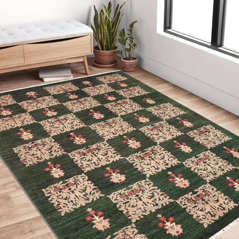 handmade Modern Kafkaz Green Tan Hand Knotted RECTANGLE 100% WOOL area rug 6' x 9'