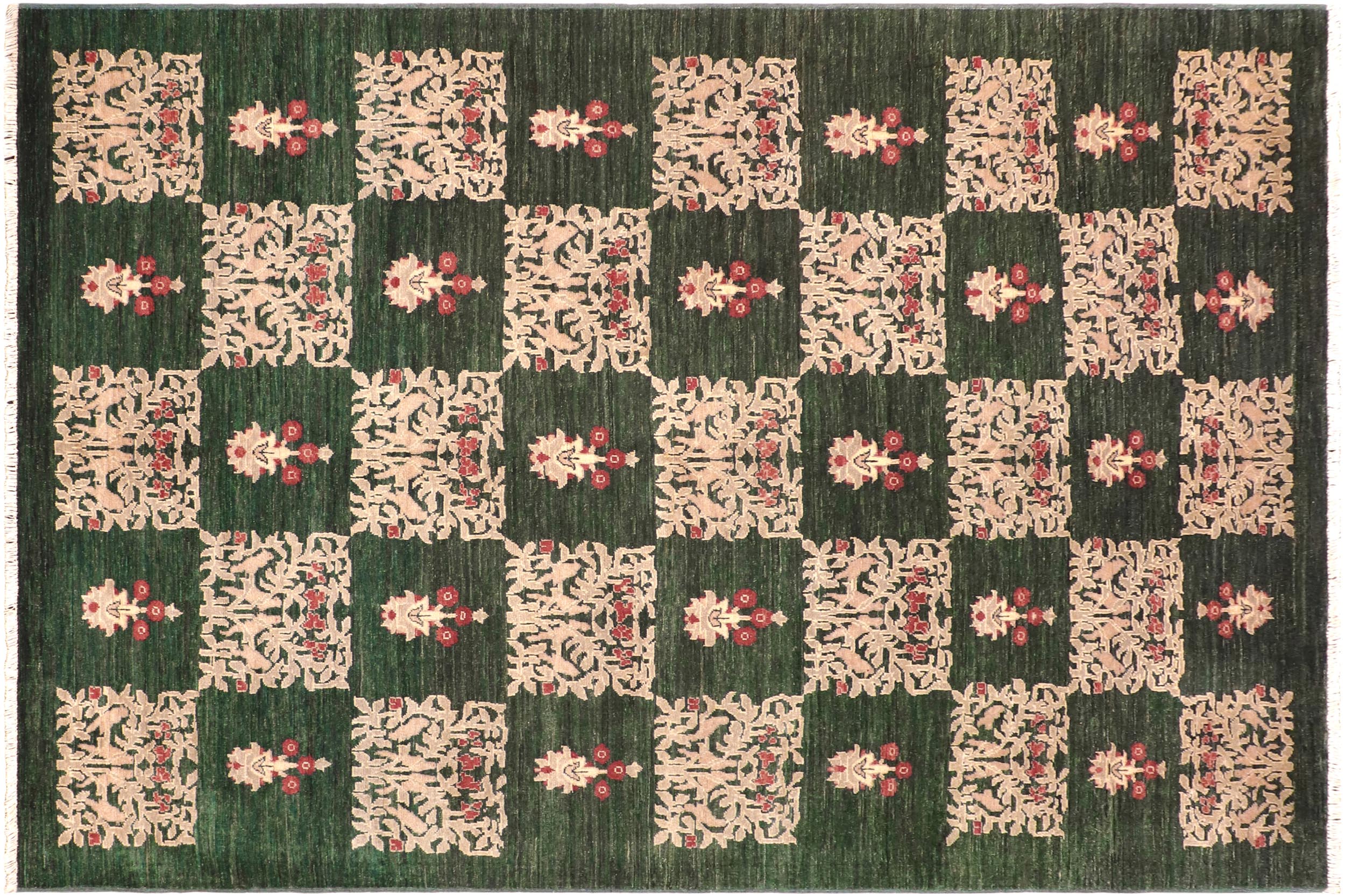 handmade Modern Kafkaz Green Tan Hand Knotted RECTANGLE 100% WOOL area rug 6' x 9'