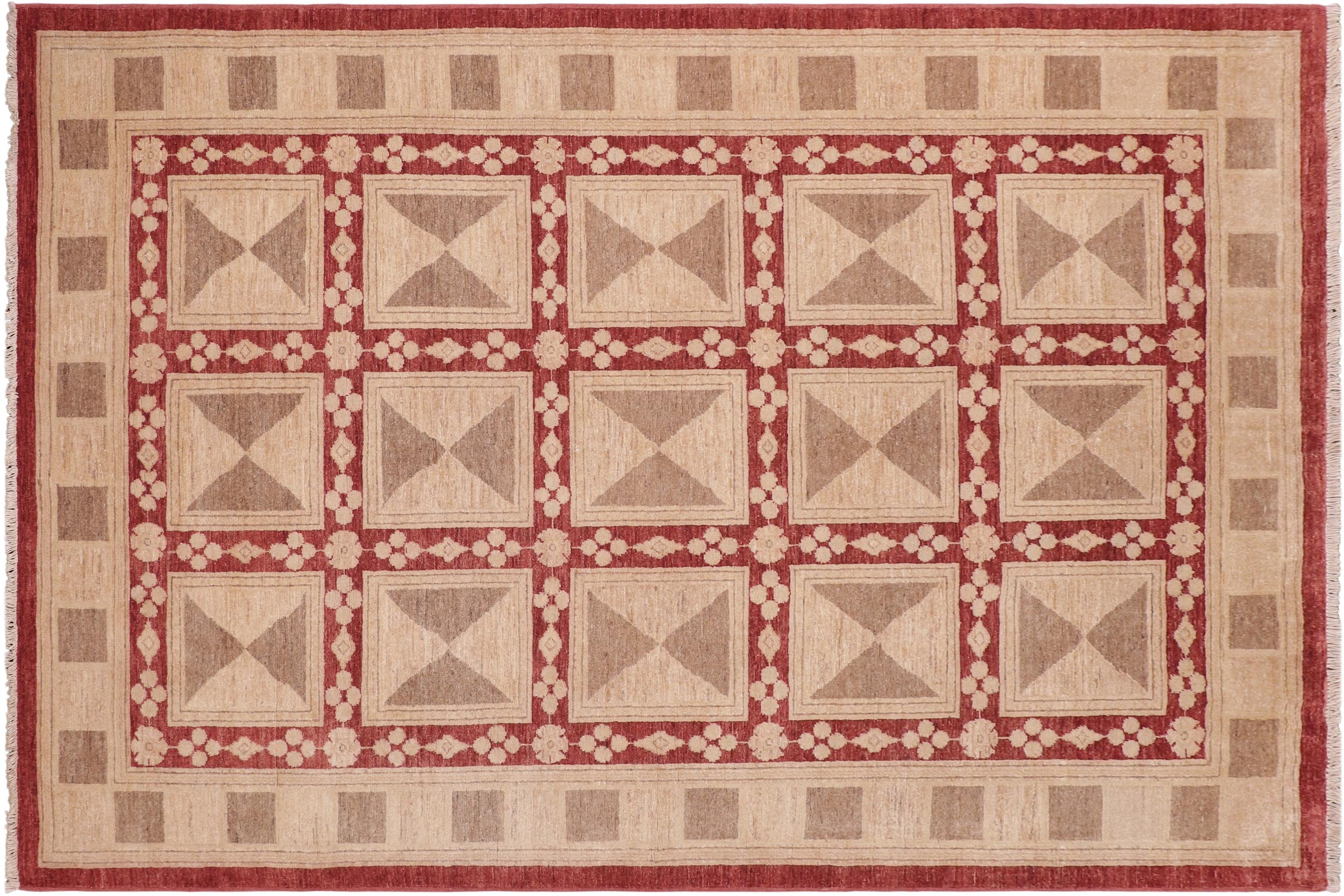 handmade Modern Kafkaz Red Tan Hand Knotted RECTANGLE 100% WOOL area rug 6' x 9'
