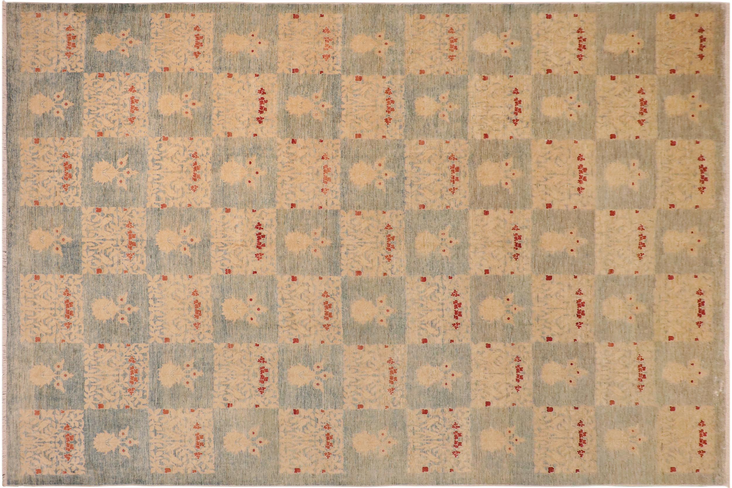 handmade Modern Kafkaz Blue Tan Hand Knotted RECTANGLE 100% WOOL area rug 10' x 14'
