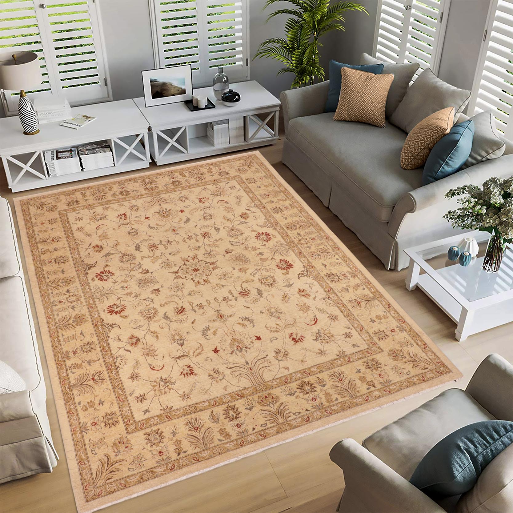 handmade Traditional Kafkaz Beige Tan Hand Knotted RECTANGLE 100% WOOL area rug 10x14