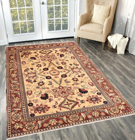handmade Traditional Kafkaz Beige Red Hand Knotted RECTANGLE 100% WOOL area rug 6x8