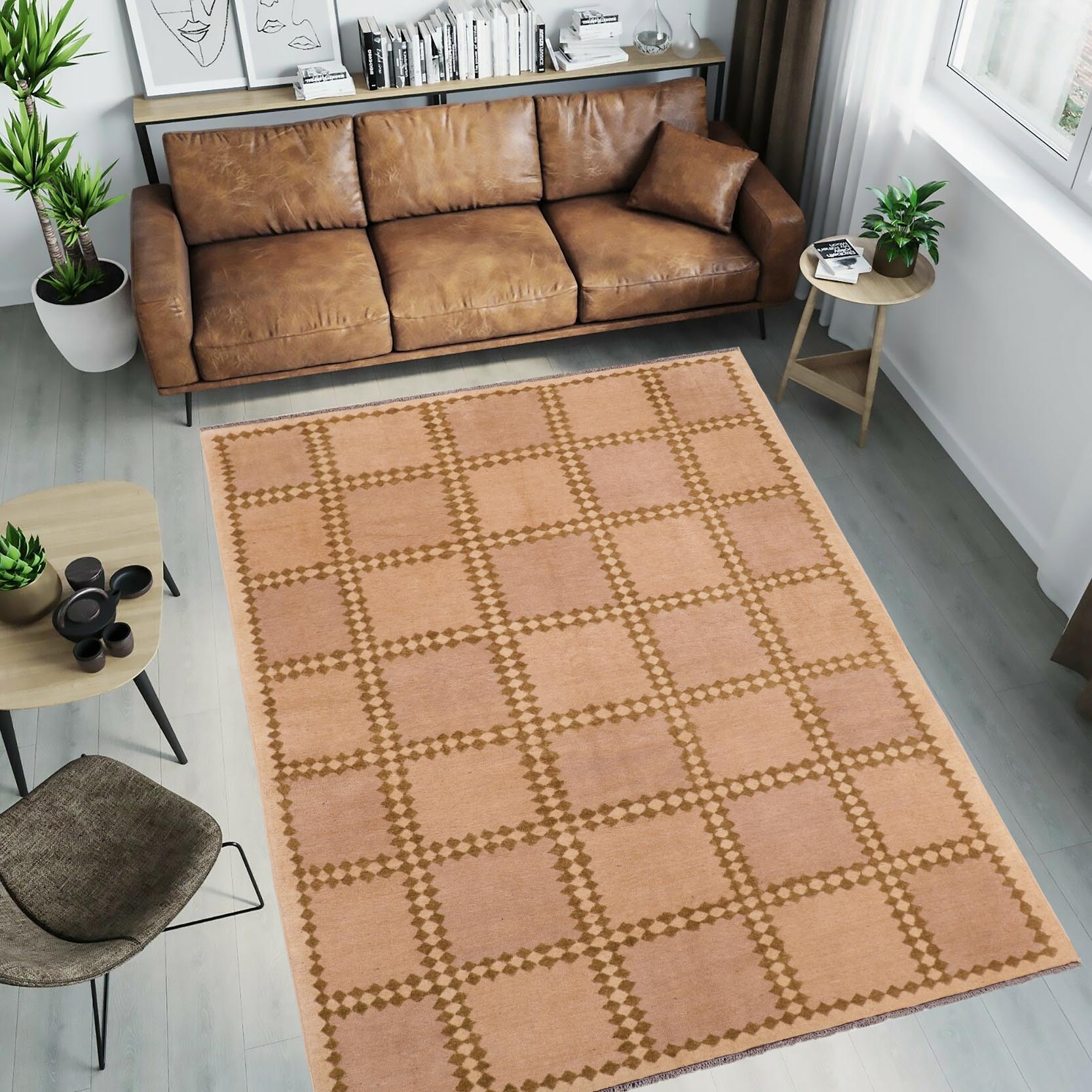 handmade Modern Kafkaz Tan Beige Hand Knotted RECTANGLE 100% WOOL area rug 6' x 8'